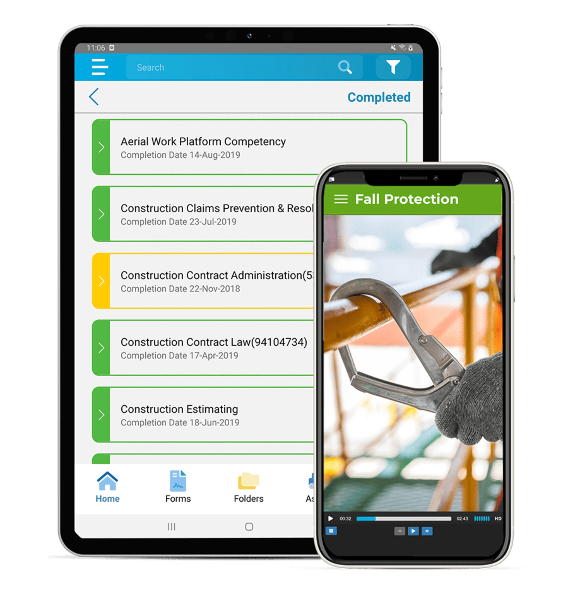 Tablet and smartphone screens showing mobile safety eLearning courses and fall protection training.