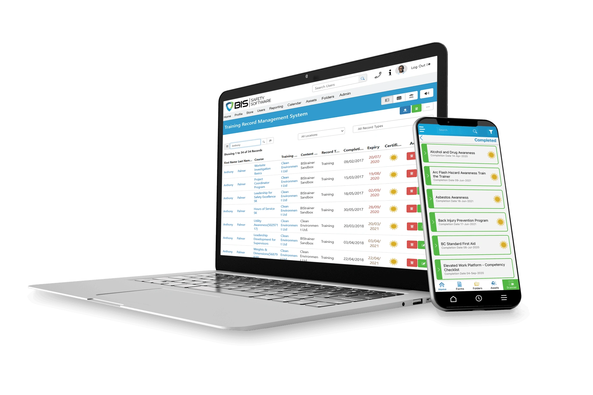 Laptop and smartphone displaying online training records and completion statuses for workers.