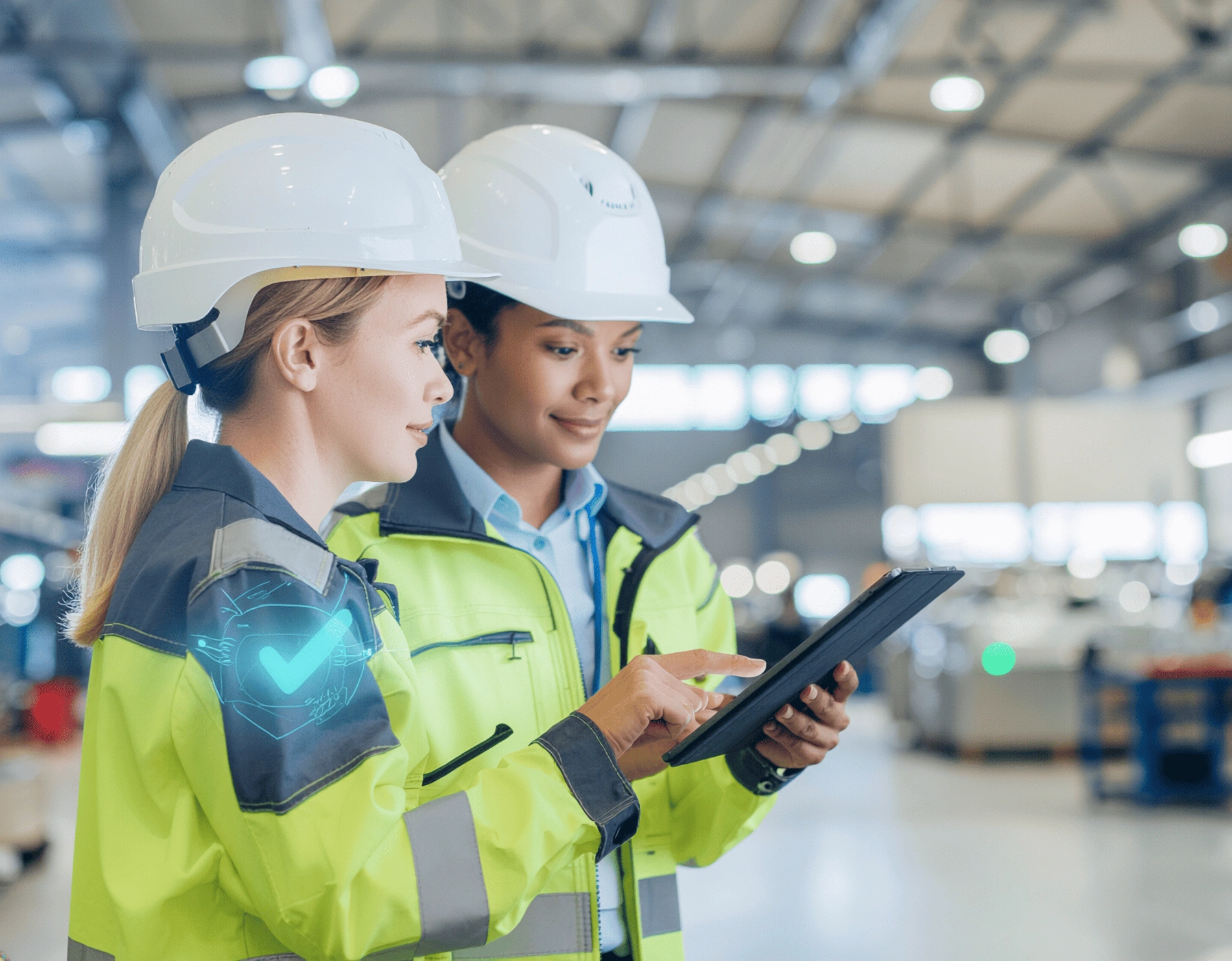 Two workers in PPE checking competency status and approvals on a tablet in a factory.