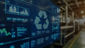 Large screen showing environmental performance dashboards and recycling metrics.