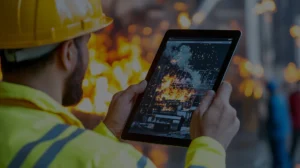 Industrial workers in PPE using smartphones to report site hazards.