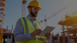 Worker wearing a safety harness clipping a lanyard to a guardrail before inspection.