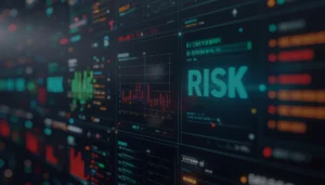 Digital dashboard with charts and the word ‘RISK’ highlighting high-risk metrics.
