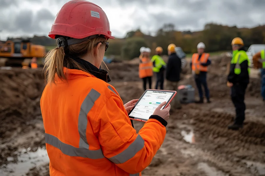 Construction worker holding their neck while logging a safety concern on a tablet.