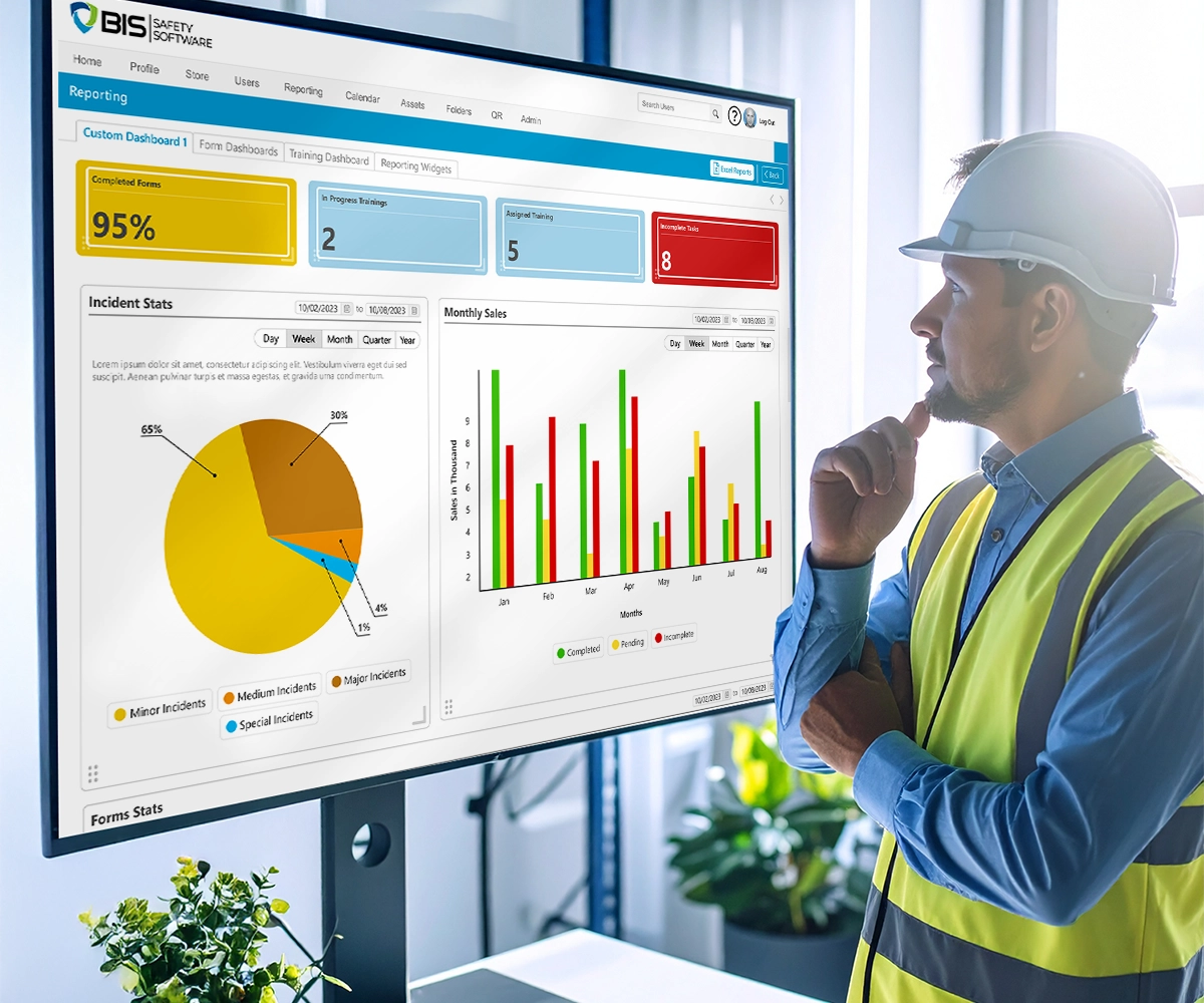 Site supervisor in PPE completing a digital safety inspection on a tablet.