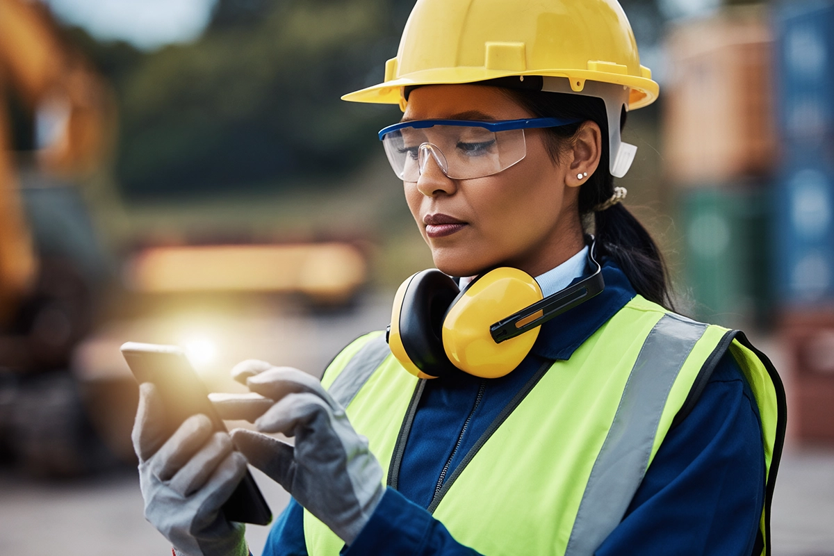 Field worker in PPE using a smartphone with a location icon overlay for risk reporting.