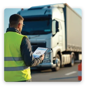 Safety team reviewing inspection details on a tablet at an active job site