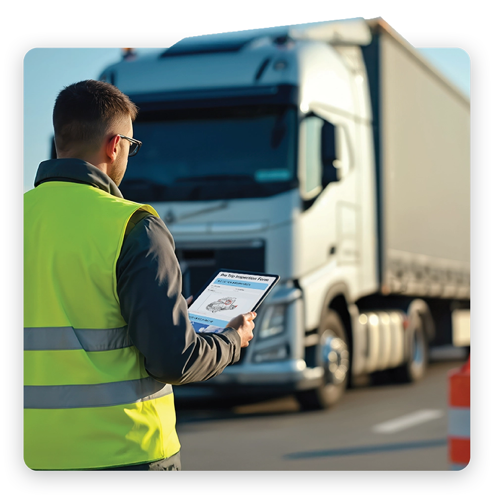 Safety team reviewing inspection details on a tablet at an active job site