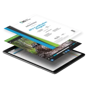 Digital training certificate displayed above an online safety course on a tablet