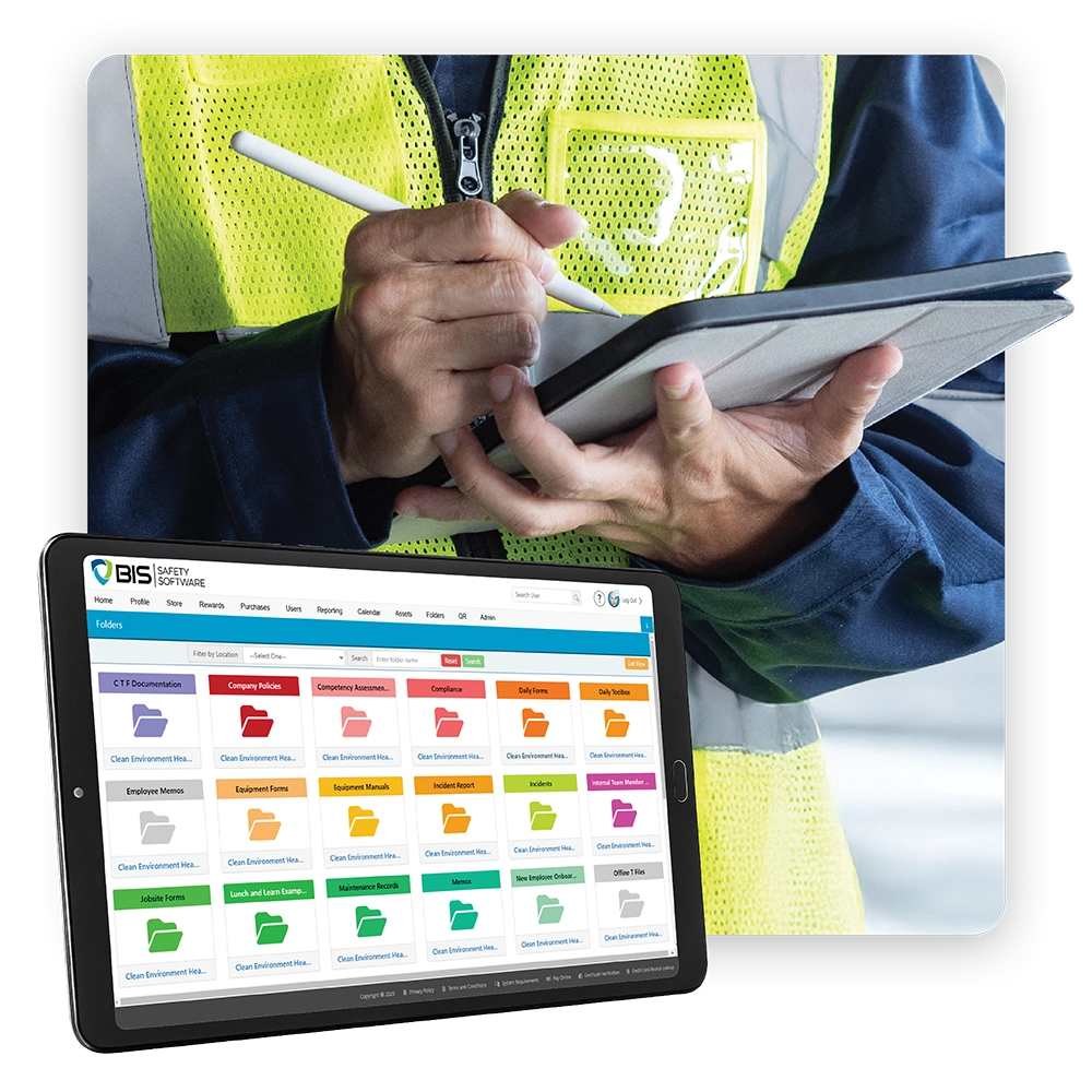 Worker completing safety documentation on a tablet with a document management dashboard on screen