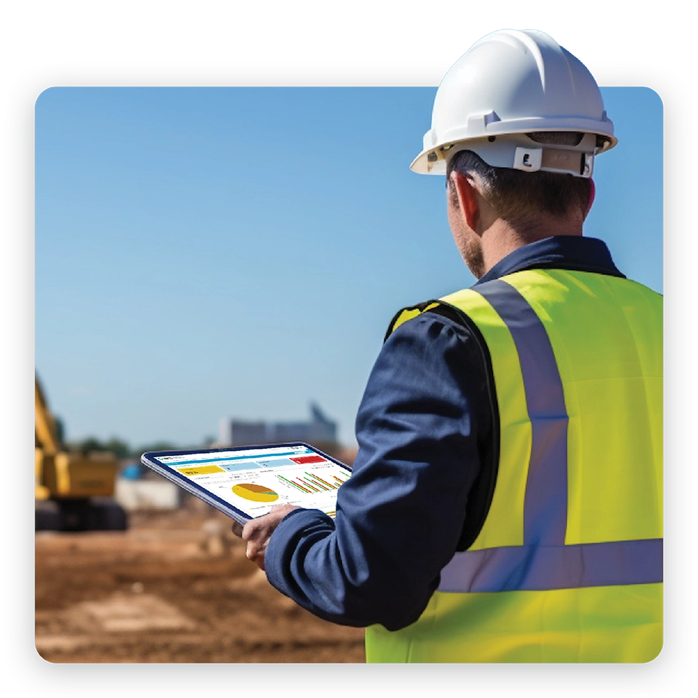 Supervisor viewing a safety dashboard on a tablet at a construction site