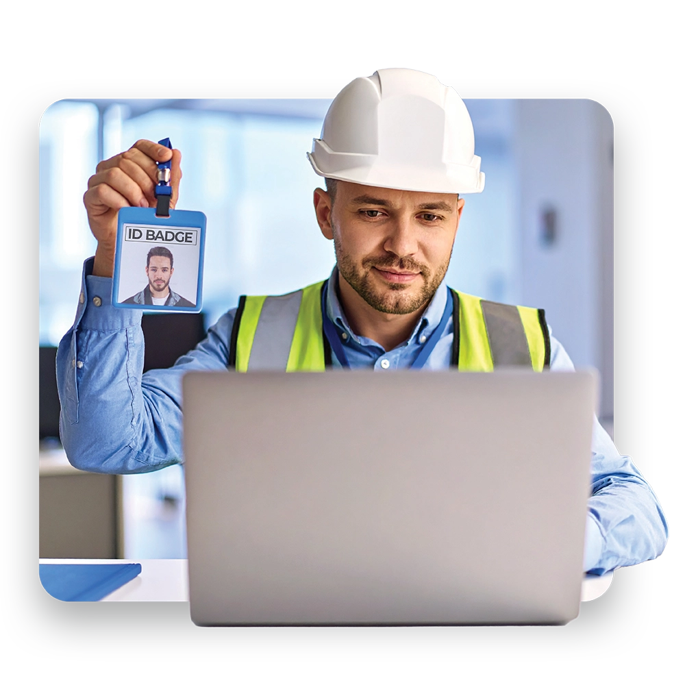 Online Virtual Proctoring Fall protection training certificate displayed alongside a worker performing rope access work