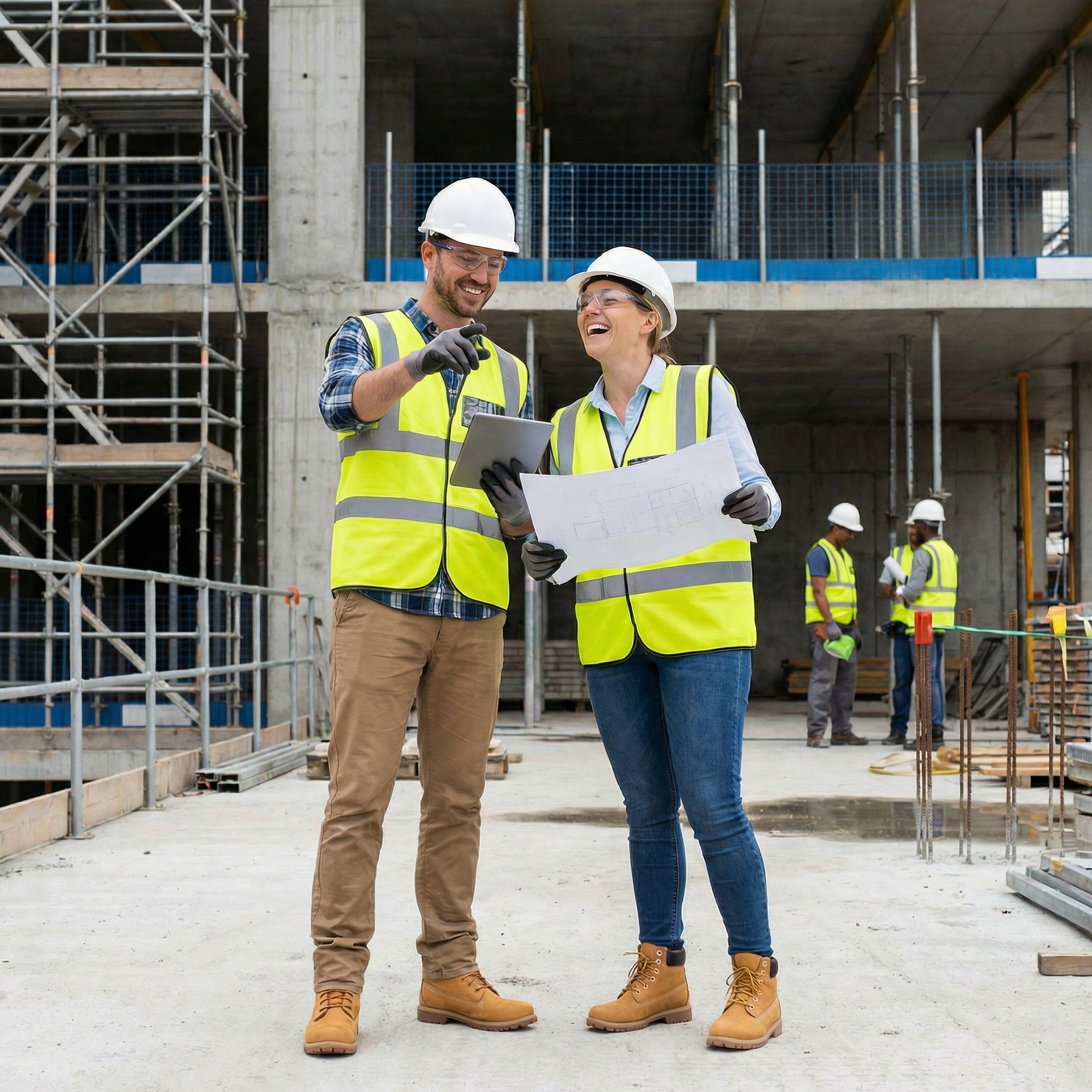 Construction managers reviewing project plans and site progress at an active build location