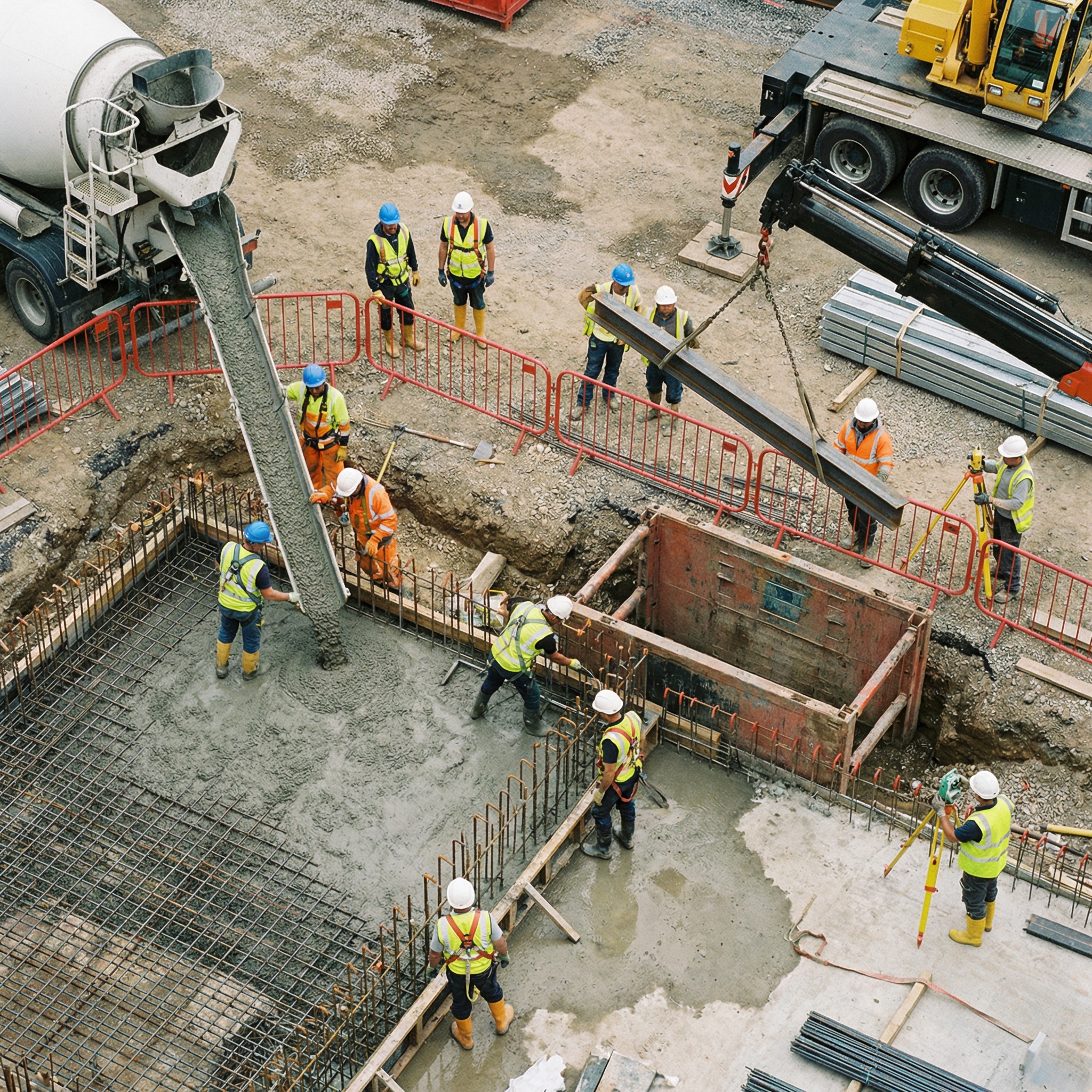 Construction workers pouring concrete and coordinating tasks at an active job site
