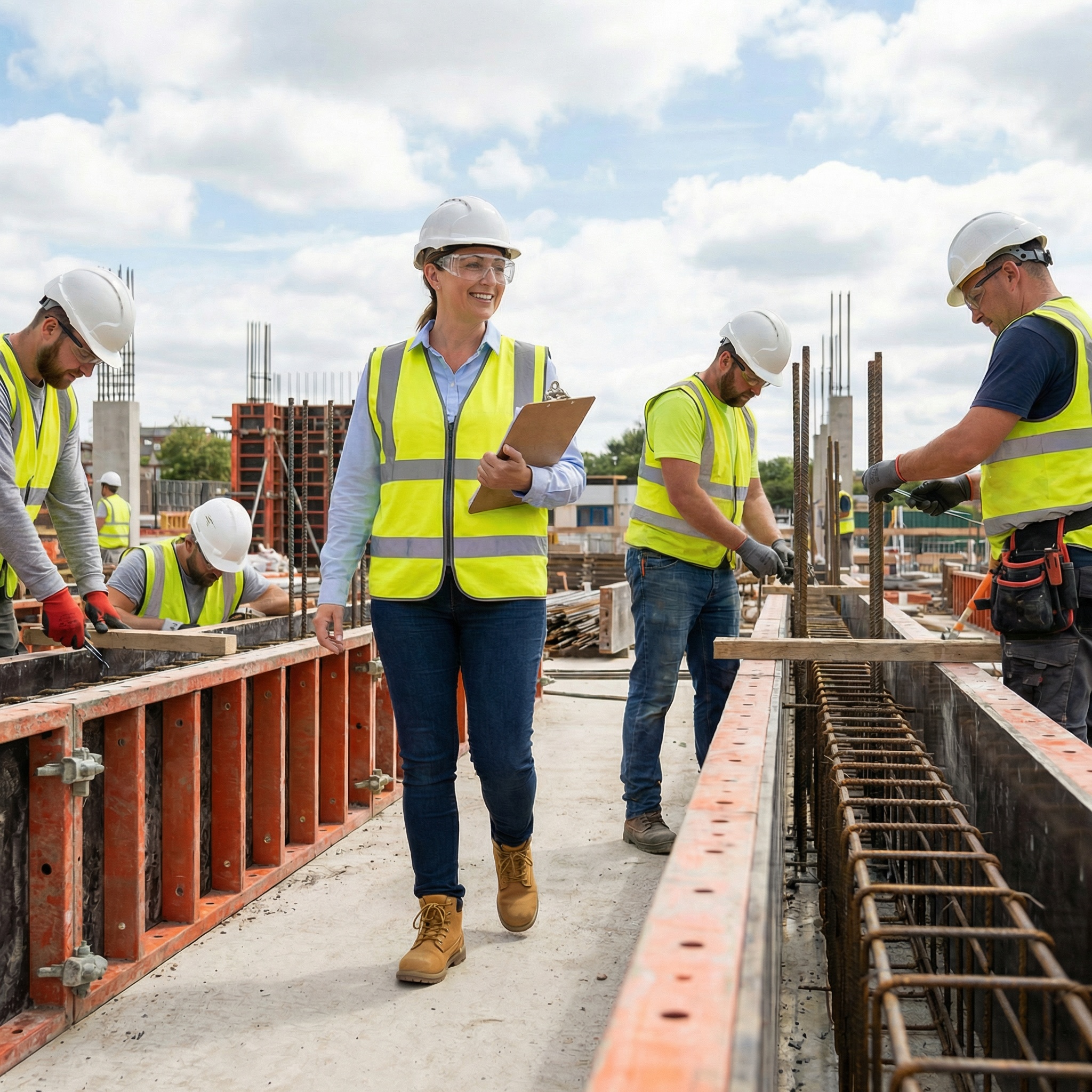 Safety supervisor walking through a construction site while inspecting active work areas