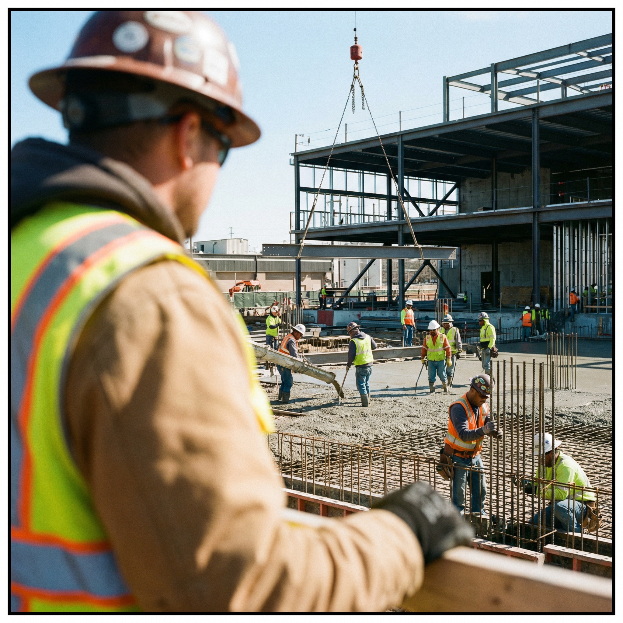 Construction supervisor observing crew activity and job site operations from a safety vantage point