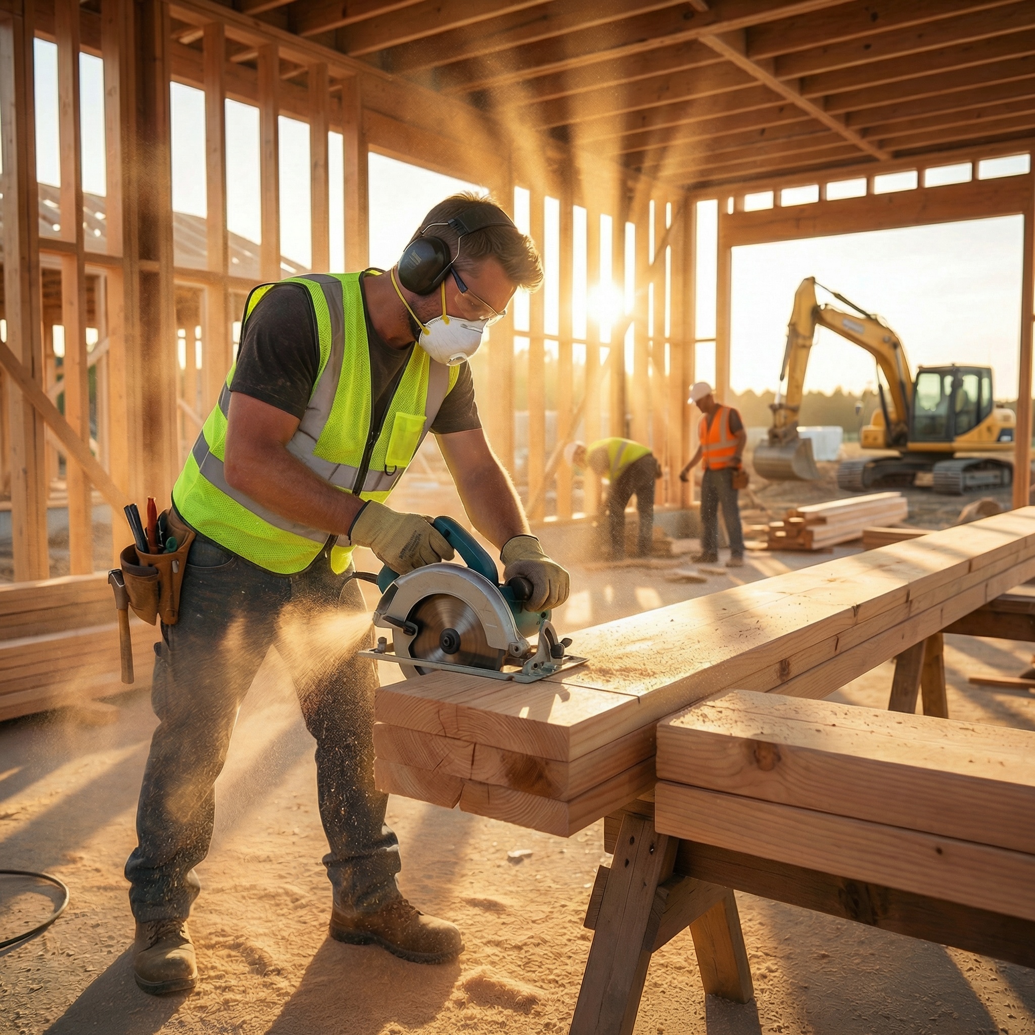 Construction worker cutting lumber with protective equipment at a framed structure job site