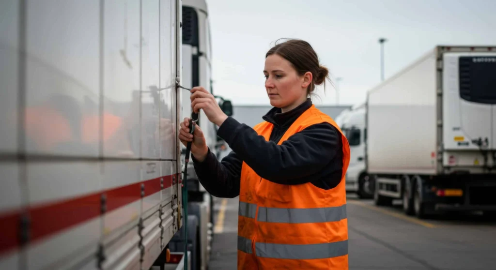 Operator confirming strap hardware and anchor integrity on an enclosed trailer to meet cargo securement standards.