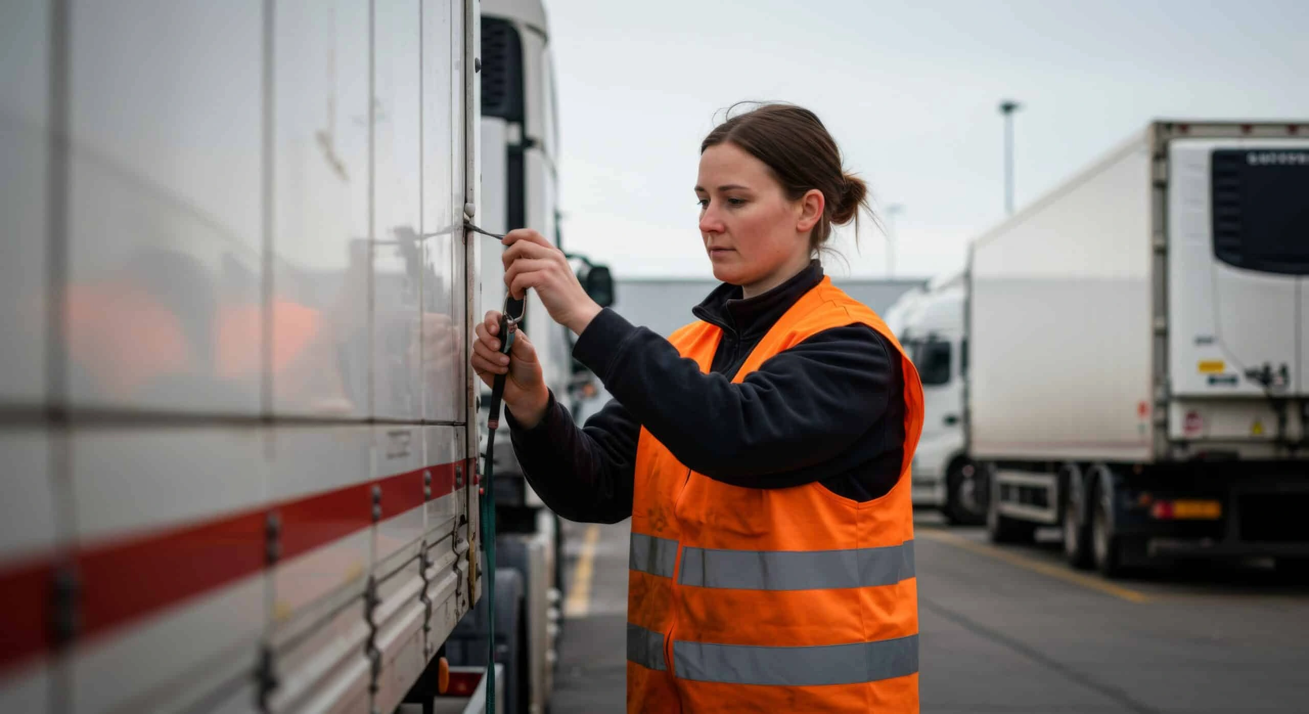 Operator confirming strap hardware and anchor integrity on an enclosed trailer to meet cargo securement standards.
