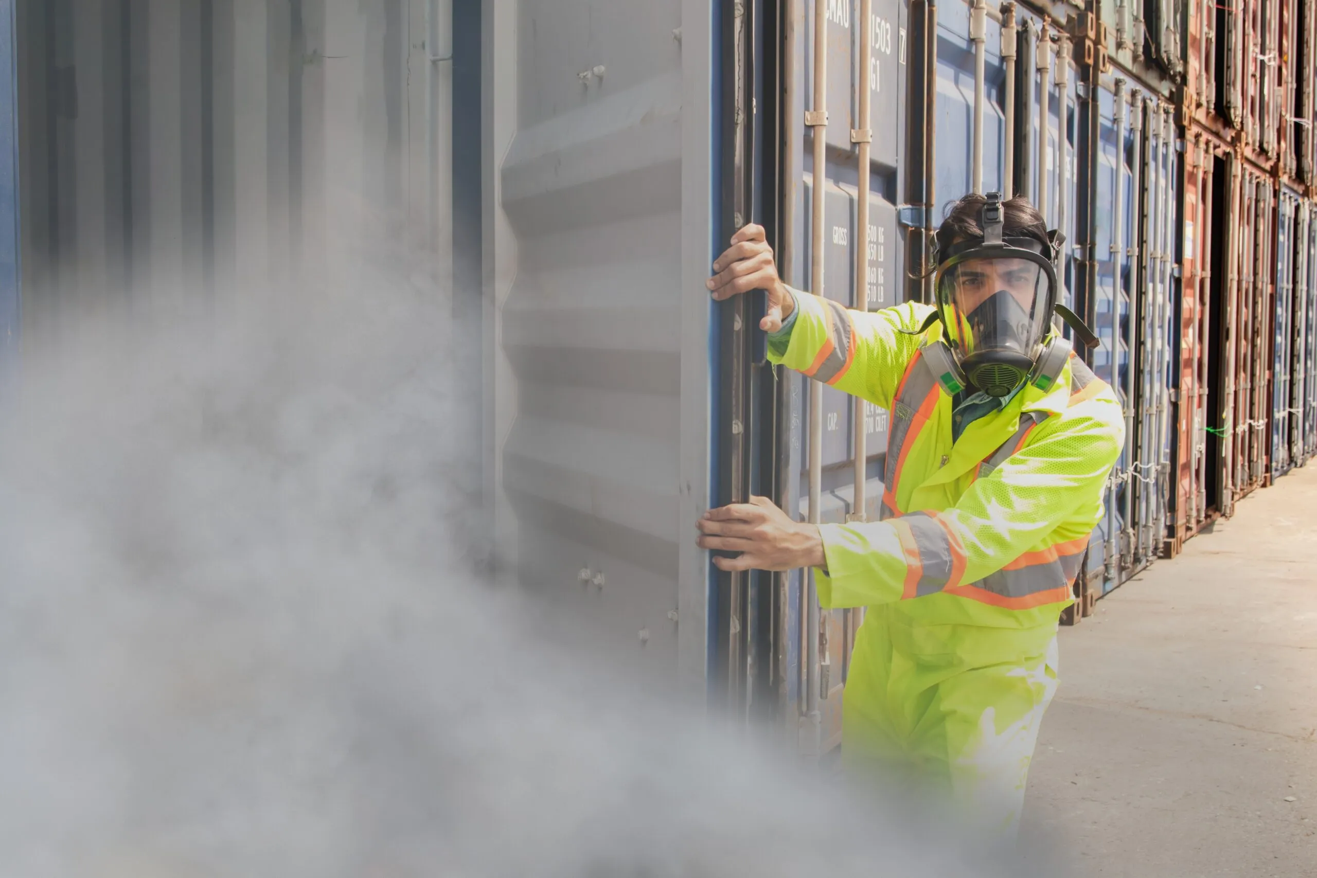 Illustration showing invisible gas particles being inhaled, representing unseen workplace gas hazards.