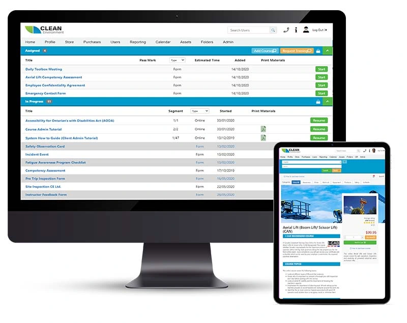 LMS Software in action on an iPad and iMac/desktop