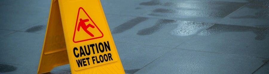 A caution wet floor sign to warn people about slipping hazards.