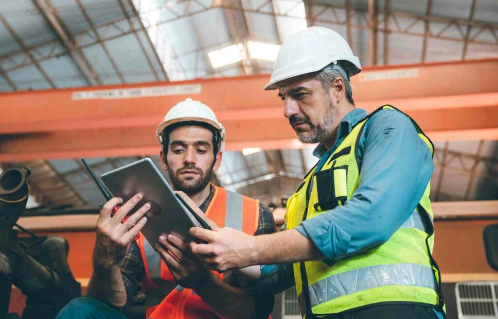 Two Employees View Safety Training Course On Tablet