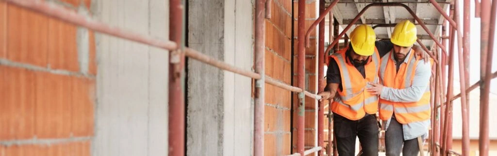 - BIS Safety Software Canada People working in construction site. Young men at work in new house inside apartment building. Latino manual worker helping injured co-worker after accident on duty