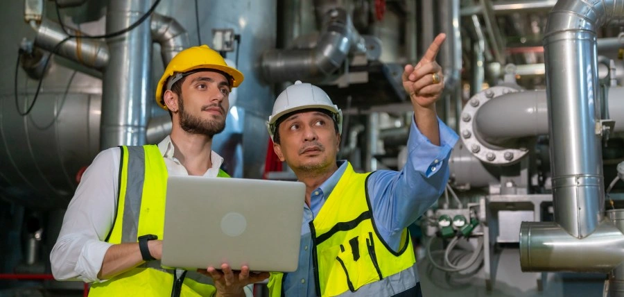 Two Employees point out things that require a corrective action plan in an energy refining plant.