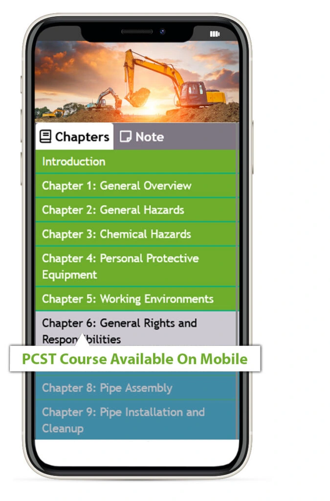 - BIS Safety Software Canada A photo of the pipeline construction safety training course chapters displayed on a mobile device. The is also a speech bubble with the words "PCST Course Available On Mobile."